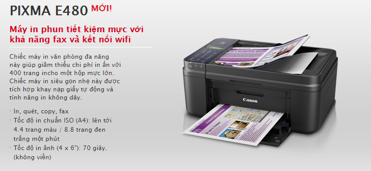 Máy in phun Canon PIXMA E480 tiết kiệm mực với khả năng fax và kết nối wifi