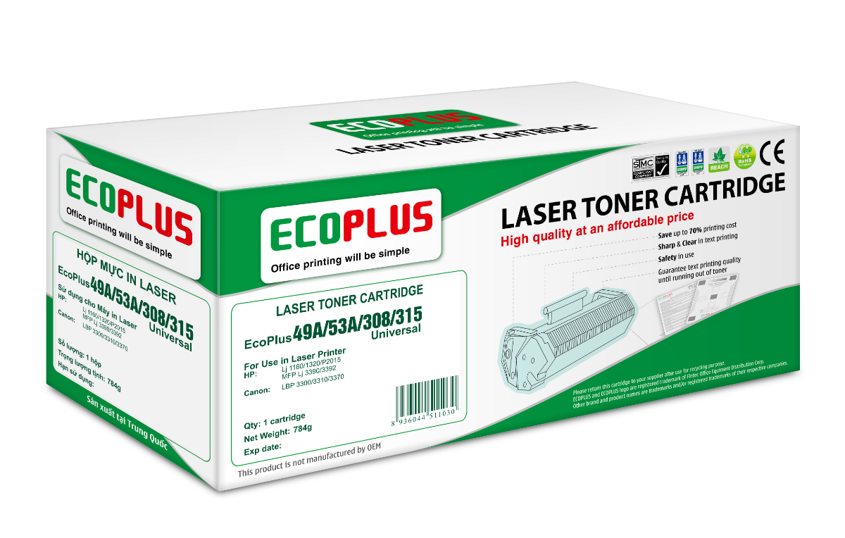 Mực in EcoPlus 53A, Laser trắng đen dùng cho máy in hp